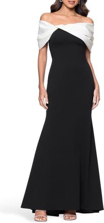 Betsy & Adam Off the Shoulder Crepe & Taffeta Sheath Gown in Black/White at Nordstrom, Size 10