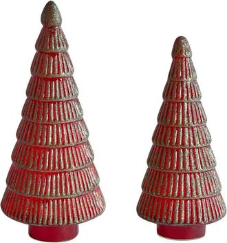 Beliani Conjunto De 2 Figuras Decorativas &Aacute;rboles De Navidad Adornos Festivos De Vidrio Hecho A Mano 2 Tama&ntilde;os Rojo/verde Puruvesi
