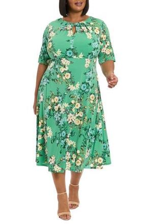 London Times Floral Keyhole Short Sleeve Midi Dress in Green Multi at Nordstrom Rack, Size 18W