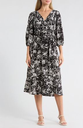 DKNY Surplice Three-Quarter Balloon Sleeve Midi Dress in Caf Floral- Black/Ivory at Nordstrom Rack, Size 18 (Similar To 14W)
