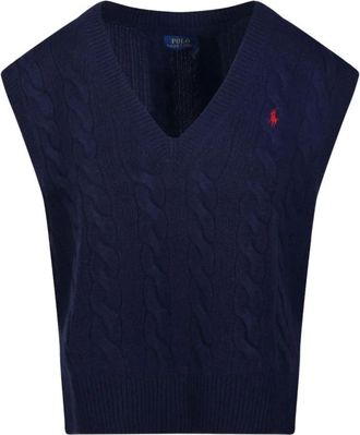 Polo Ralph Lauren Vest met V-hals van kabelsluiting - Dames - V-hals truien - Blauw - XS - Wol - Truien & Vesten