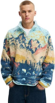 Cotton On Mens Quarter Zip Teddy Fleece in Blue Multi Mountains at Nordstrom, Size Xx-Large
