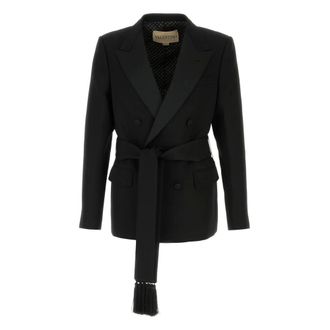 Valentino Dubbelrijige blazer van scheerwol met riem - Dames - Jassen - Zwart - Maat: XL Wol
