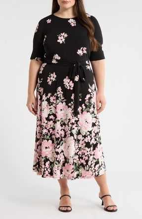 Kasper Floral Print Fit & Flare Midi Dress in Black/Tutu Multi at Nordstrom, Size 16W