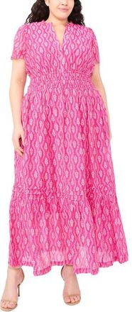 CeCe by Cynthia Steffe Print Smocked Waist Maxi Dress in Magenta at Nordstrom, Size 3 X