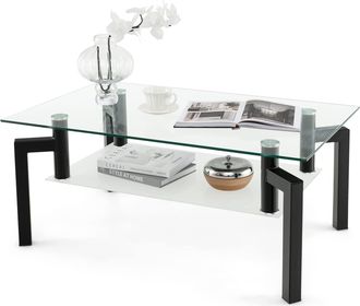Costway Mesa De Centro De Cristal Rectangular, Mesa De Centro Moderna De 2 Niveles Y Tablero De Vidrio Templado Y Estante De Vidrio Esmerilado, Mesa Multifunc