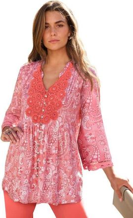Roaman's Plus Size Juliet Lace Trim Button Down Shirt in Coral Misty Paisley at Nordstrom, Size 42