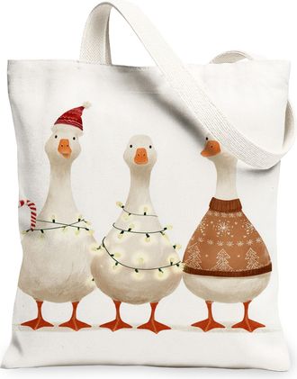 Generic Christmas Geese Canvas Tote Bags, Adorable Bird Pattern Reusable Bags, Winter Retro Lightweight Washable Shoulder Strap Canvas 13x15 Inch
