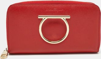 Ferragamo Red Leather Gancini Zip Around Long Wallet