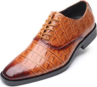 Generic Dress Oxford Formal Shoes for Men Lace Up Burnished Toe Crocodile Print Shoes PU Leather Block Heel Rubber Sole Resistant Non Slip Anti-Slip Party(Bro
