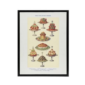 Artery8 Cold Collation Dishes Kitchen Decor Mrs Beeton Framed Canvas Wall Art in Yellow | Size: W24 x H32