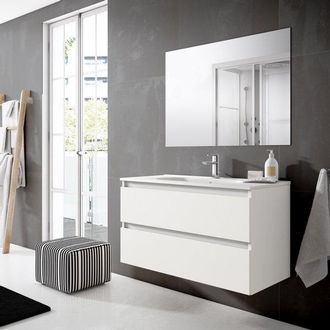 Adema Chaci Badkamermeubelset - 100x45x57cm - 1 ovale keramische wasbak wit - 1 kraangat - 2 lades - rechthoekige spiegel - mat wit