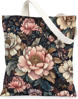 Generic Spring Aesthetic Peony Canvas Tote Bag for Shopping 13x15, Retro Flower Garden Reusable Grocery Print Pattern Bag for Women Men, Floral Wildflower Aes