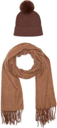 Vince Camuto Chevron Wrap Scarf & Faux Fur Pompom Beanie Set in Chocolate at Nordstrom Rack