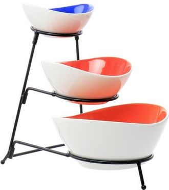 Gibson Home Crenshaw 4 Piece Hand Painted Stoneware 3-Tier Serving Bowl Set with Metal Rack in Assorted at Nordstrom