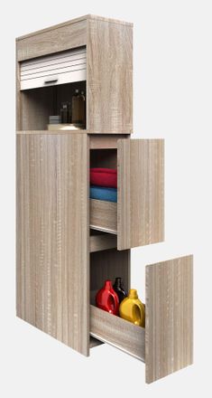 ebuy24 Muebles De Ba&ntilde;o Vcm Gabinete Nicho Dimensiones: Al. 131 X An. 25 X P. 48 Cm Divisor De Habitaci&oacute;n 2 Cajones 1 Gran Compartimento Abierto Con Persiana 