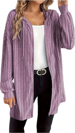 Generic Womens Casual Long Coats Womens Zip Up Hoodie Casual Loose Lightweight Knitted Cardigan Jumpers Long Sleeve Drawsting Longline Hooded Sweatshirt Solid