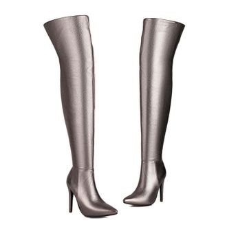 Generic Gray,7.5 UK,Womens Pointed Toe Over The Knee Thigh High Boots Stiletto High Heel Patent Leather PU Side Zipper Fall Boots Dress Shoes for Wedding Part