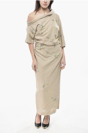 Bernadette Linen-Blend Off-Shoulder Dress with Embroidery size 40