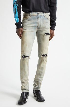 Amiri MX1 Suede Patched Skinny Jeans in Perfect Antique Indigo at Nordstrom, Size 31
