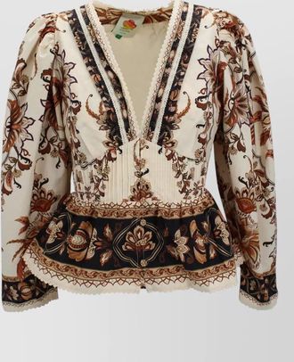 Farm Rio floral lace-trim v-neck blouse