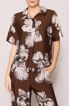 Melloday Easy Woven Pullover Shirt in Brown Floral at Nordstrom, Size X-Small