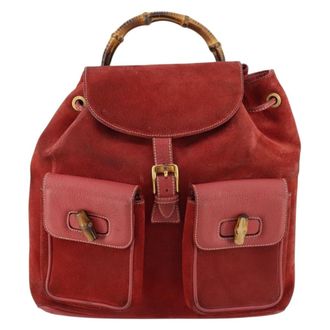 Gucci Vintage Bamboo Backpack Suede Red Suede Backpack Bag (Pre-Owned)