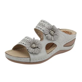 Generic Wedge Sandals For Women Platform Beach Sandals Casual Double Strap Sandal Floral Embellishment Sandal Leather Soft Shoes Non Slip Walking Shoes Wide O