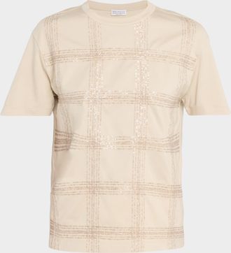 Brunello Cucinelli Prince Of Wales Paillette Cotton Jersey T-Shirt