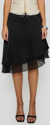 Princess Polly Rosemead Chiffon Trim Satin Midi Skirt in Black at Nordstrom, Size 10