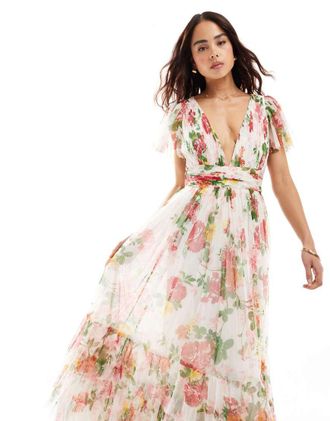 Lace & Beads Bridesmaid Madison v-neck tulle midi dress in bright floral-Pink