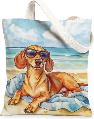 Generic Summer Maltese Dog Canvas Tote Bag for Shopping 13x15, Watercolor Beach Coastal Puppy Reusable Grocery Print Bag for Women, Beachy Pet Beach Aesthetic