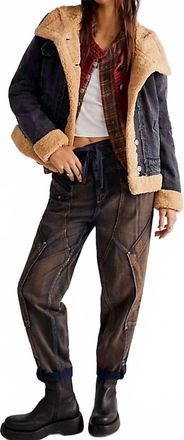 We The Free Rylee Denim Cozy Moto Jacket In Black, Brown