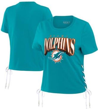 WEAR by Erin Andrews Womens WEAR by Erin Andrews Aqua Miami Dolphins Lace Up Side Modest Cropped T-Shirt at Nordstrom, Size X-Large
