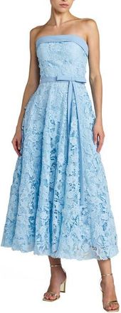 Mac Duggal Embroidered Lace Strapless Midi Dress With Bow Detail in Powder Blue at Nordstrom, Size 10