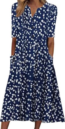 Generic AMDOLE Short Sleeve Dress Knee Length Summer Casual for Women Button Up Short Sleeve Floral Print Dress Party Flowy Midi Dress T Shirt Dress for Women