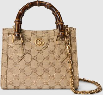 Gucci Diana Crystal Small Tote Bag, Beige, Original GG Fabric