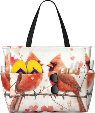 Generic Cardinal Birds Print Large Beach Bag Foldable Travel Shoulder Tote Bag With Pocket For Weekender Pool Vacation
