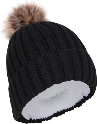 Mountain Warehouse Geneva Fur Lined Womens Fluff Beanie - Lightweight, Compact, Easy to Pack, Soft Fleece Lining & Fluffy Pom Pom - Ideal for Jet Black (Fur Lined) One S