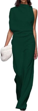 Generic Elegant and Stylish Off-Shoulder V-Neck Jumpsuit for Women,Solid Color one Shoulder Jumpsuit (Dark Green,2XL)