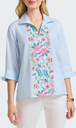 Foxcroft Stripe Floral Embroidered Cotton Button-Up Shirt in Blue Multi at Nordstrom, Size X-Small