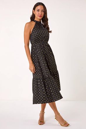 Roman Spot Print Halter Neck Midi Dress