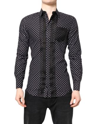 Dolce & Gabbana Black Polka Dot Long Sleeves Gold Formal Mens Shirt