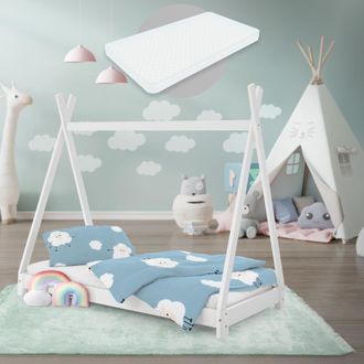 ML Design Ml-design - Cama Infantil Tipi Blanco Con Colch&oacute;n De Espuma Fr&iacute;a Hipoalerg&eacute;nico 70x140 Cm Somier Estructura Listones De Madera Maciza De Pino Para Ni&ntilde;