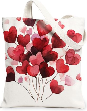 Generic Valentines Day Hearts Canvas Tote Bags, Cute Love Heart Pattern Reusable Grocery Bags, Lightweight Washable Shoulder Strap Canvas for Shopping, Travel