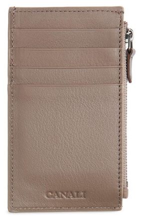 Canali Tumbled Calfskin Card Holder with Zip in Dark Beige at Nordstrom