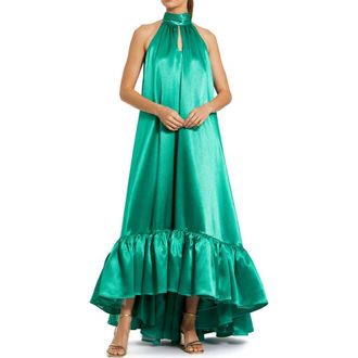Mac Duggal Sleeveless Halter Neck Keyhole Satin High Low Gown in Jade at Nordstrom, Size X-Large