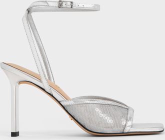 Charles & Keith Sequin Mesh & Leather Ankle-Strap Heeled Sandals