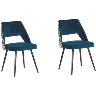Beliani Beliani - Retro Style Set of 2 Dining Chairs Velvet Seat Floral Pattern Back Blue Ansley
