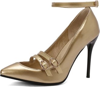 Generic Womens Stiletto Pumps Patent Glossy Upper Double Buckle Strap Adjustable Ankle Strap Pointed Toe Cushioned Insole Durable Stylish Heels,Gold,10.5 UK